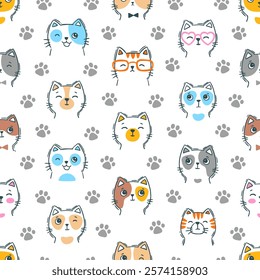 Hand drawn seamless pattern cat face portrait. Cute children coloring