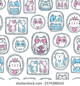 Hand drawn seamless pattern cat face portrait. Cute children coloring