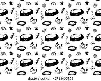 Hand drawn seamless pattern with cat care accessories. Pet supplies vector background 