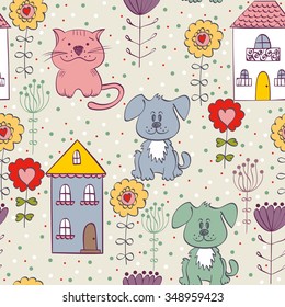 hand drawn seamless pattern with cat and dogs