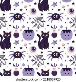Hand drawn seamless pattern with cats, spiders and pumpkins. Halloween children ornament, colorful pattern