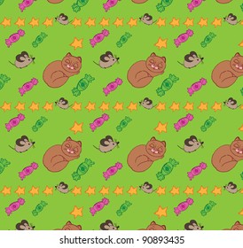 hand drawn seamless pattern with cats, mice and sweets
