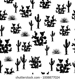 Hand drawn seamless pattern with ccati. Saguaro, agaves, and opuntia cactuses on white background. Stilish design for textile, wallpapers, cards. Vector