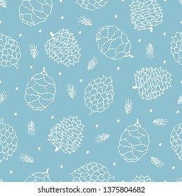 Hand drawn seamless pattern with cedar, pine, fir cones and branches. Vector Christmas gift wrapper background. 
