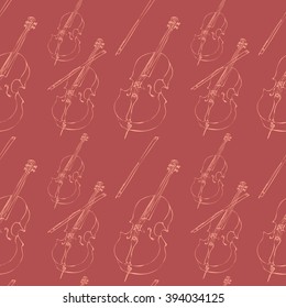 Hand drawn seamless pattern with cello. Sketch silhouette of cello and bow. Vector seamless illustration. Classical stringed music instrument pattern, for wallpaper, design template, music decoration.