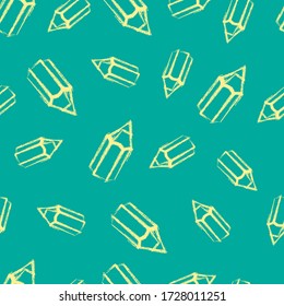 Hand drawn seamless pattern with chalk silhouettes of pencils. Vector illustration on green background. School pattern.