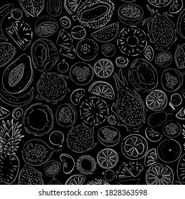 Hand drawn seamless pattern with chalk on a black board. Fruit - papaya, lemon, orange,, mango, mangosteen, , coconut, dragonfruit. passionfruit, banana, longan, ananas, durian, maracuja. Vector