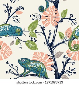 Hand drawn seamless pattern with chameleons and plants. Сhameleons are sitting on the branches. Tropical wallpaper. Jungle pattern. Vector clipart. Design for fabric, cover, textile, background