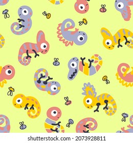 Hand drawn seamless pattern with chameleons and flies. Perfect for T-shirt, fabric, textile and print. Doodle vector illustration for decor and design.
