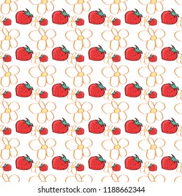 Hand drawn seamless pattern with chamomile and strawberry