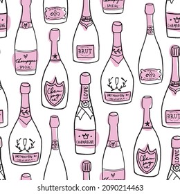 Hand drawn seamless pattern with champagne bottles. Trendy style pattern with wine in pink and white colors.