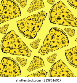 Hand drawn seamless pattern of cheese. Cartoon multicolored background.