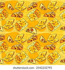 Hand drawn seamless pattern cheese blocks and slices in a on a yellow backdrop, perfect for food-related projects, kitchen wallpapers, and culinary themes. Vector illustration.
