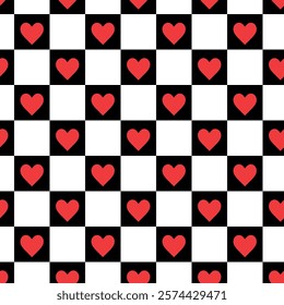 Hand drawn seamless pattern with chessboard. Black and white with red hearts checkerboard. Print design for textile, fabric, wrapping paper. Chess background.