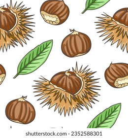 Hand drawn seamless pattern with chestnut. Vector background with nuts and green leaves