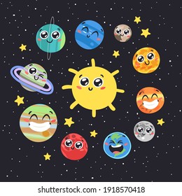 Hand Drawn Seamless Pattern With Childish Illustration Cosmos. Vector Drawing Planet, Star And Satellite In Space. Cartoon Solar System Object