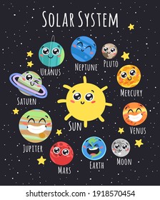 Hand Drawn Seamless Pattern with Childish Illustration Cosmos. Vector Drawing Planet, Star and Satellite in Space. Cartoon Solar System object