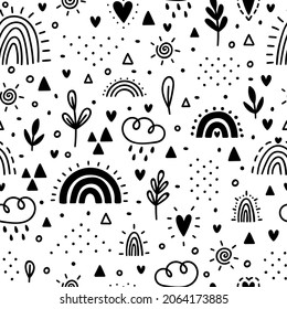 Hand drawn seamless pattern. Childish background with rainbows. Trendy texture for fabric, textile, cloth, wrapping paper. Nursery design for kids. Vector illustration