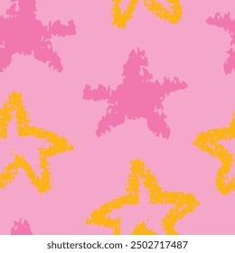 Hand drawn seamless pattern with  childish doodle stars, drawn with crayons. Freehand vector illustration