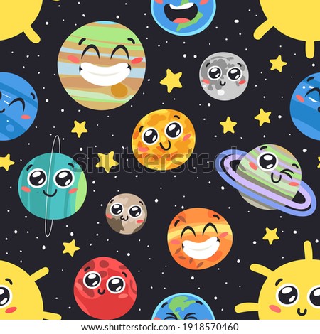 Hand Drawn Seamless Pattern with Childish Illustration Cosmos. Vector Drawing Planet, Star and Satellite in Space. Cartoon Solar System object