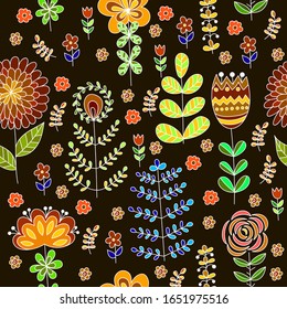 Handgezeichnet nahtloses Muster für Kinder. Cartoon-Design mit Blume, Insekt und Blatt. Vektorillustration