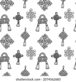 Hand drawn seamless pattern with chinese knots, monochrome ornament 