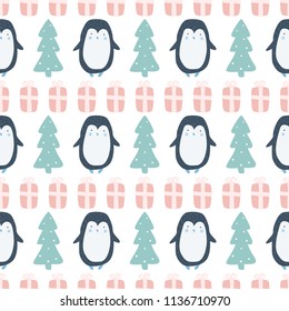 Hand drawn seamless pattern with Christmas tree and cute penguin. Design for fabric, wallpaper, textile, wrapping and decor.