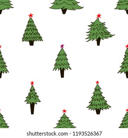 Hand drawn seamless pattern with Christmas trees on white background. Contour drawing. Design for wrapping paper, textile, fabric.  Winter collection.