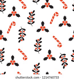 Hand drawn seamless pattern. Christmas background. Cute leaves and branches. Vector