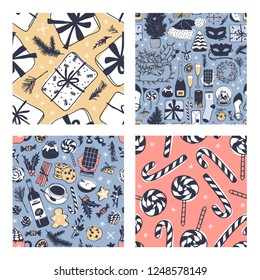 Hand drawn seamless pattern with Christmas objects.Vector Celebration Illustration. Creative artwork. Cozy Winter set of decoration. Doodle Holidays background. 