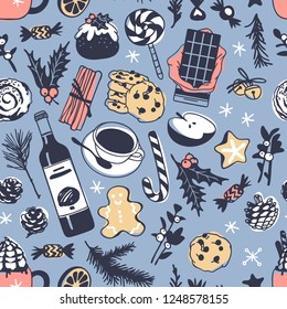 Hand drawn seamless pattern with Christmas objects.Vector Celebration Illustration. Creative artwork. Cozy Winter set of decoration. Doodle Holidays background. 