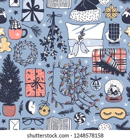 Hand drawn seamless pattern with Christmas objects.Vector Celebration Illustration. Creative artwork. Cozy Winter set of decoration. Doodle Holidays background. 