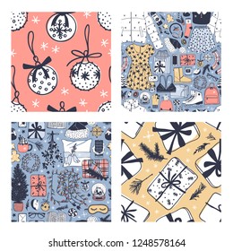Hand drawn seamless pattern with Christmas objects.Vector Celebration Illustration. Creative artwork. Cozy Winter set of decoration. Doodle Holidays background. 