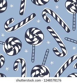 Hand drawn seamless pattern with Christmas objects.Vector Celebration Illustration. Creative artwork. Cozy Winter set of decoration. Doodle Holidays background with Candy Cane