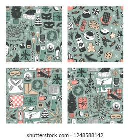 Hand drawn seamless pattern with Christmas objects.Vector Celebration Illustration. Creative artwork. Cozy Winter set of decoration. Doodle Holidays background. 