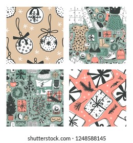 Hand drawn seamless pattern with Christmas objects.Vector Celebration Illustration. Creative artwork. Cozy Winter set of decoration. Doodle Holidays background. 