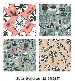 Hand drawn seamless pattern with Christmas objects.Vector Celebration Illustration. Creative artwork. Cozy Winter set of decoration. Doodle Holidays background. 
