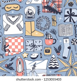 Hand drawn seamless pattern with Christmas objects.Vector Celebration Illustration. Creative artwork. Cozy Winter set of decoration. Doodle Holidays background. 