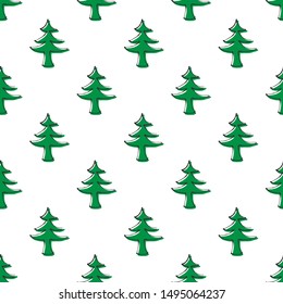 Hand drawn seamless pattern with Christmas trees on white background. Contour drawing. Design for wrapping paper, textile, fabric. Happy New Year decoration. Winter collection.