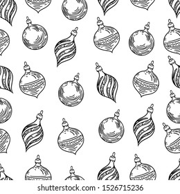 Hand drawn seamless pattern of Christmas decorations balls on white background.