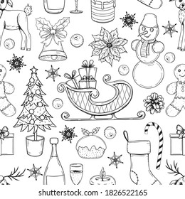 Hand drawn seamless pattern with christmas elements on white background. Doodle. Endless texture for packaging, advertisements, design. Vector illustration.