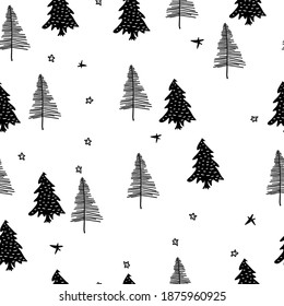 Handgezeichnet nahtlose Muster von Weihnachtsbäumen. Feiertagssymbole. Abstrakte doodle Zeichnung des Weihnachtszeichens. Feiertagshintergrund nahtlos.