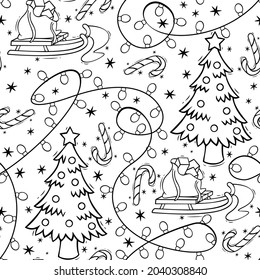 Hand drawn seamless pattern with Christmas tree, candy cane, garland and sled with gifts in doodle style.
