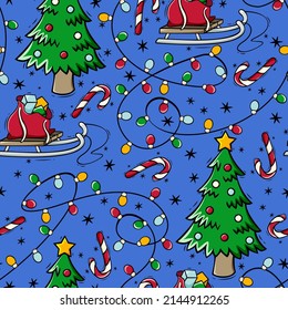 Hand drawn seamless pattern with Christmas tree, candy cane, garland and sled with gifts in doodle style.