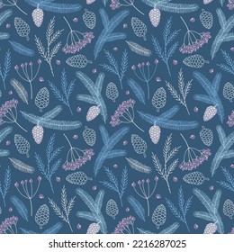 Hand drawn seamless pattern of Christmas tree branches, berries, pine cones. Winter cozy collection. Christmas decorative illustration for greeting card, wallpaper, wrapping paper, fabric, packaging