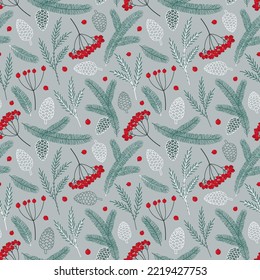 Hand drawn seamless pattern of Christmas tree branches, berries, pine cones. Winter cozy collection. Christmas decorative illustration for greeting card, wallpaper, wrapping paper, fabric, packaging