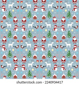 Hand drawn seamless pattern of Christmas tree, Santa Claus, deer, snowman, bird, bell, snowflake. Happy New Year and Christmas illustration for greeting card, invitation, wallpaper, wrapping paper