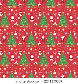 Hand drawn seamless pattern of Christmas tree, Santa Claus, decorative Christmas ball, snowman, gift, snowflake. Happy New Year and Christmas illustration for greeting card, wallpaper, wrapping paper