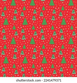 Hand drawn seamless pattern of Christmas tree, decorative colorful Christmas ball, star, snowflake. Happy New Year and Christmas illustration for greeting card, invitation, wallpaper, wrapping paper