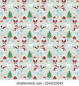 Patrón de árbol de Navidad sin fisuras dibujado a mano, Santa Claus, ciervo, muñeco de nieve, pájaro, campana, copo de nieve. Feliz Año Nuevo e ilustración de Navidad para tarjeta de saludo, invitación, papel tapiz, papel envolvente
